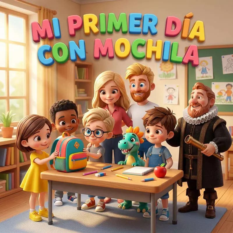 Juan, Marcela, David y Tom alrededor de una mesa del colegio con su mochila nueva, junto a Bimba y el Coleccionista de las Primeras Veces