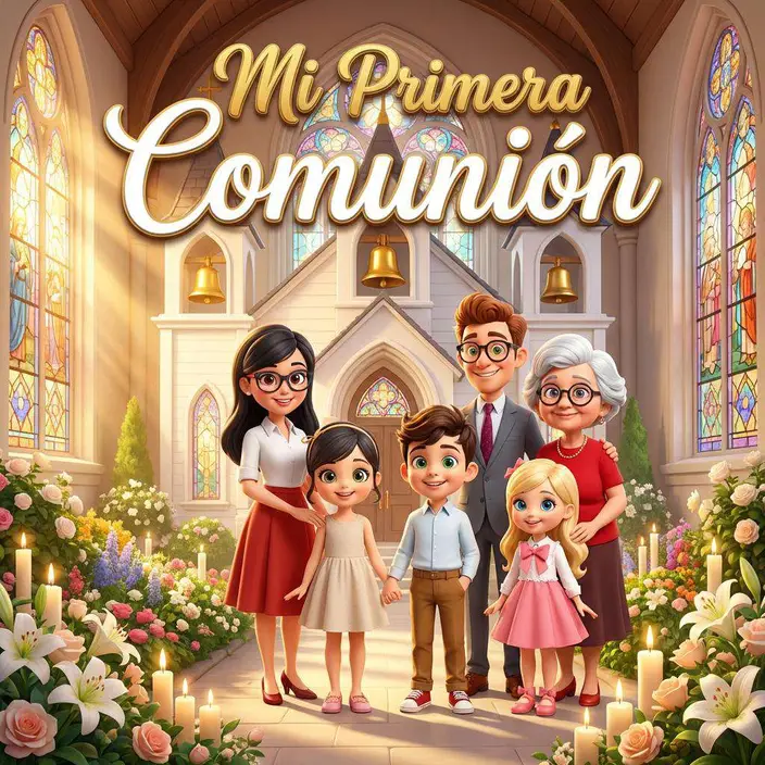 Amelia posa con su familia a la puerta de la iglesia el día de su comunión, entre flores, velas y vidrieras de colores