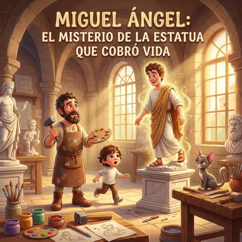 Miguel Ángel con martillo y paleta junto a su aprendiz y la estatua del David cobrando vida en el taller, con una gata gris