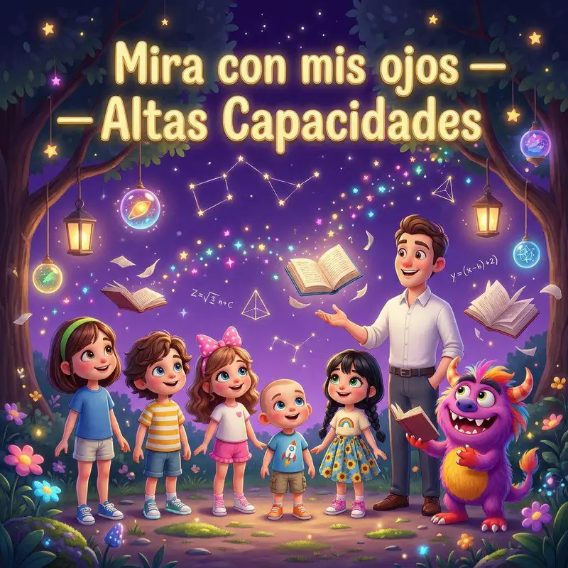 Valeria y sus cuatro amigos junto a Bibo, una criatura rosa de pelaje arcoíris, con libros y símbolos flotando en un cielo estrellado