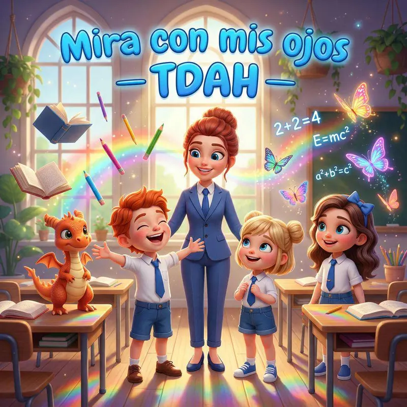 Nico y sus tres compañeros de clase, con Flami el dragoncito naranja volando entre ellos y letras y números flotando alrededor