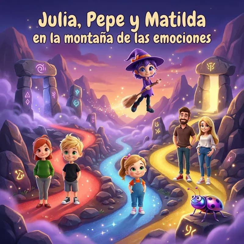 Julia, Pepe y Matilda ante una montaña mágica junto a Uva, una pequeña bruja de túnica violeta