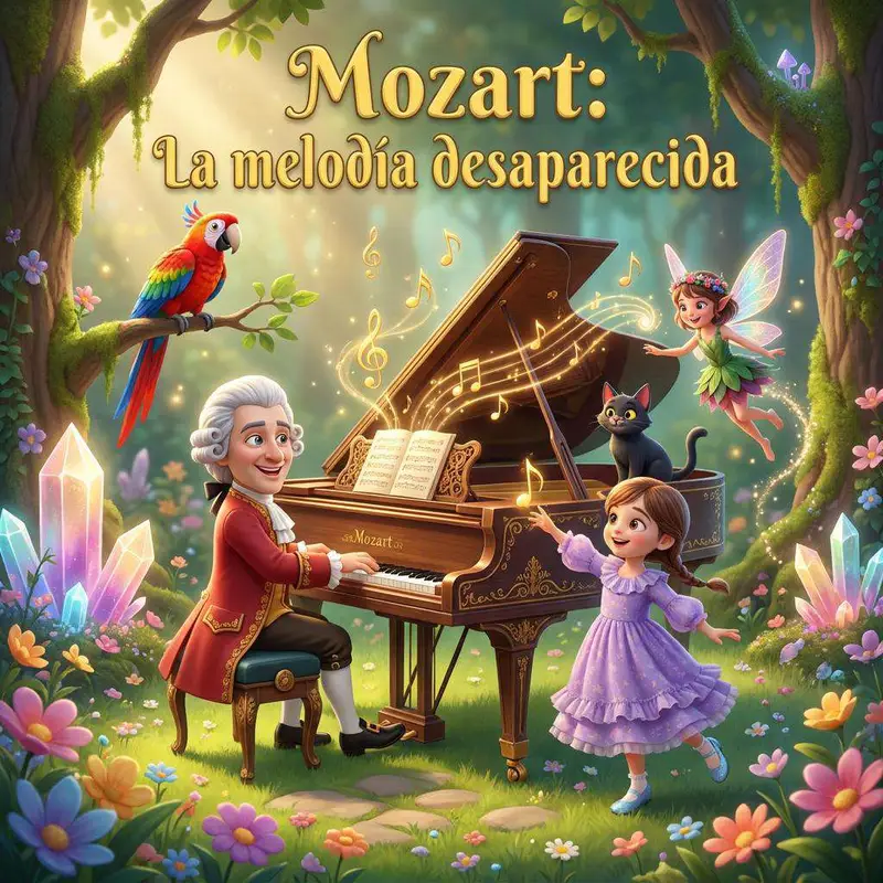 Mozart toca un piano de cola en un claro del bosque mientras Clara baila, con un loro, un hada y un gato negro alrededor