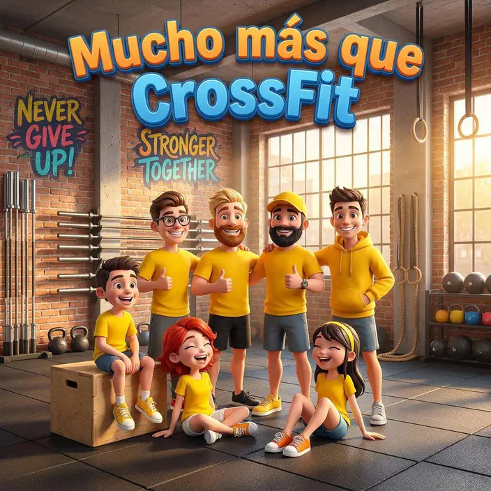 El grupo de alumnos y su entrenador Álex en el box de CrossFit, con las barras y las kettlebells