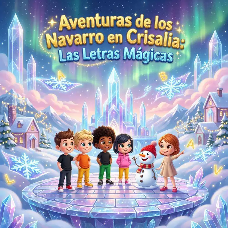 Cinco primos y un muñeco de nieve ante una ciudad de torres de cristal cubierta de nieve bajo una aurora