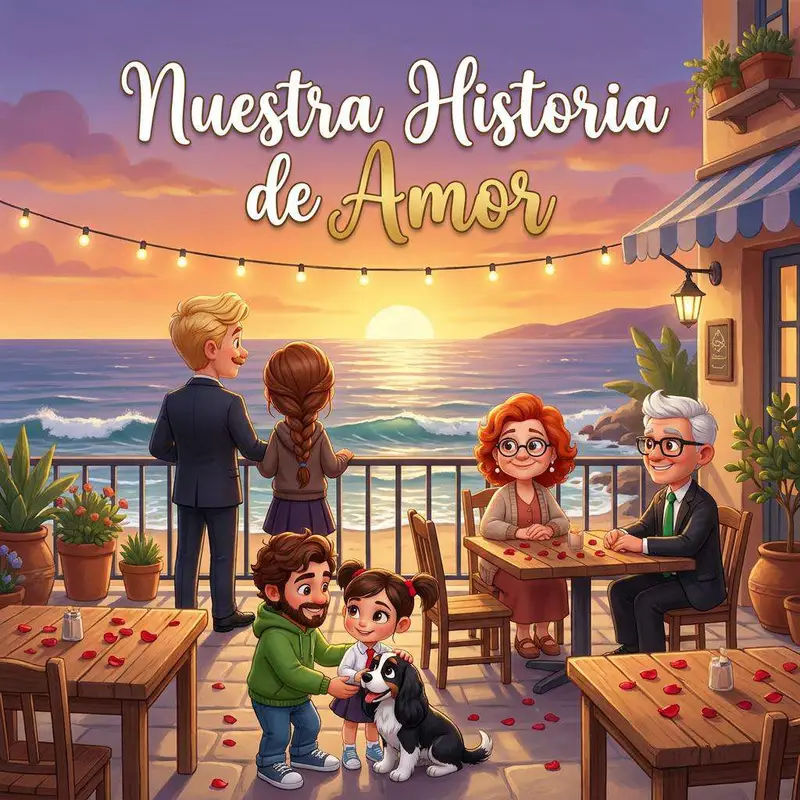 Una pareja contempla el atardecer sobre el mar desde la terraza de un restaurante mientras su familia celebra alrededor de las mesas