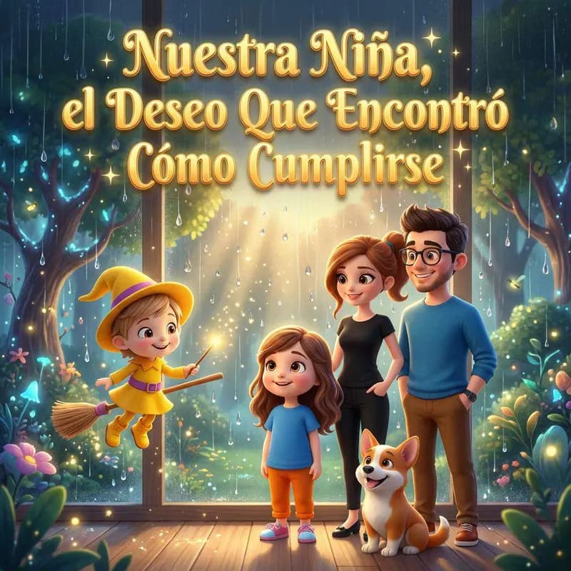 Mila con sus padres y su perra Lu ante un ventanal lluvioso, acompañados por una pequeña bruja de amarillo montada en su escoba