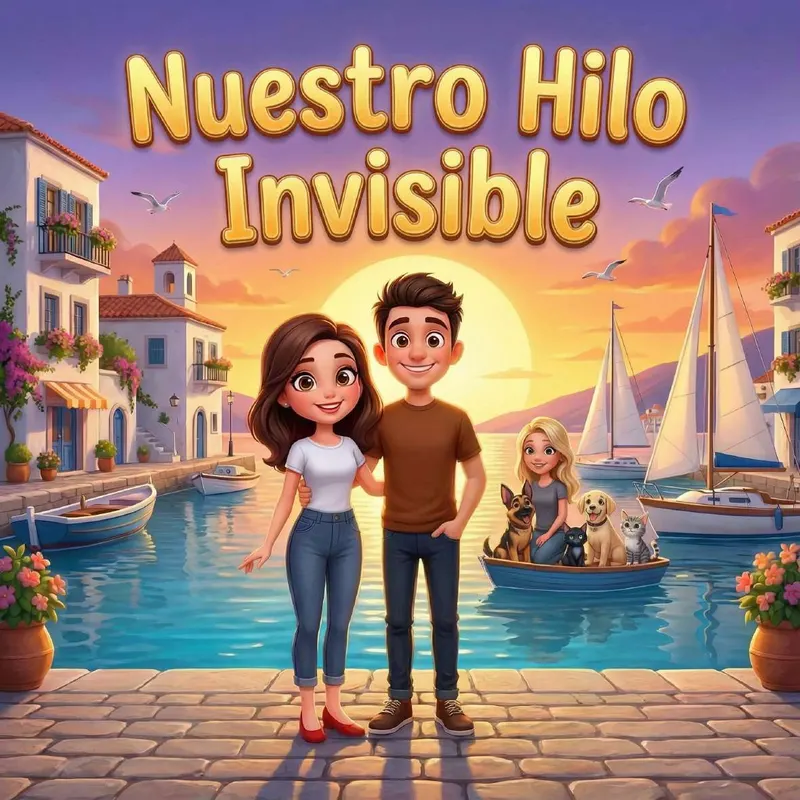 Una pareja joven se mira frente al mar mientras un hilo dorado los une por encima de un pueblo costero