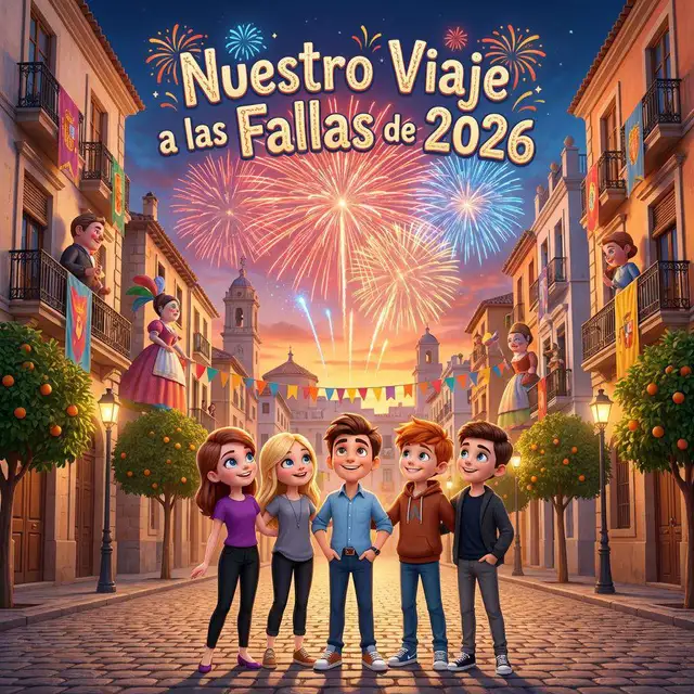 Cinco amigos contemplan los fuegos artificiales sobre una calle de Valencia decorada con ninots en los balcones