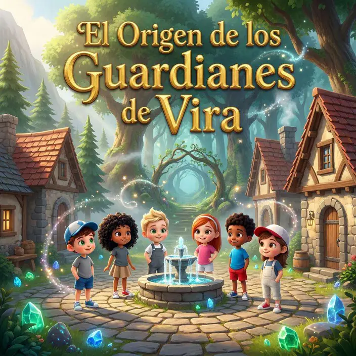 Seis niños rodean una fuente de piedra en la plaza de un pueblo de montaña, con casas de tejado rojo y un bosque brillante al fondo