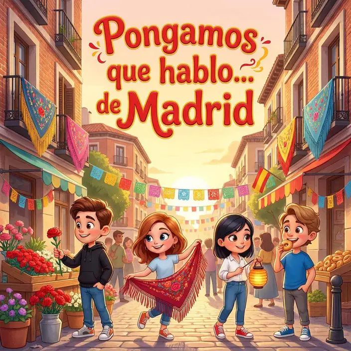 Una pareja pasea de la mano por un Madrid engalanado de farolillos y mantones durante las fiestas de San Isidro