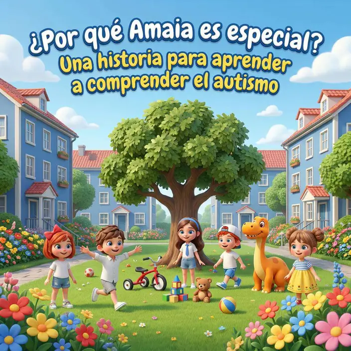 Los niños del patio de la urbanización juegan en el jardín delante de un edificio azul rodeado de flores
