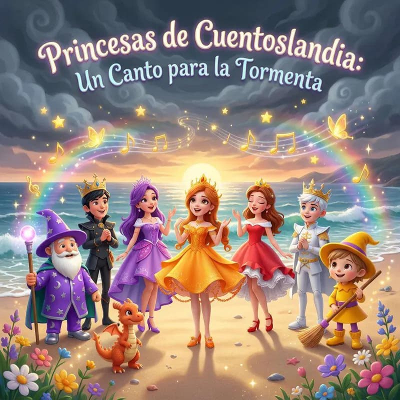 Las princesas, los príncipes, el Mago, la brujita Chispa y el dragón Flami cantan juntos en la playa bajo un cielo de tormenta cruzado por un arcoíris