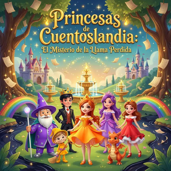 Las princesas y el príncipe de Cuentoslandia posan junto al Mago, la brujita Chispa y el dragoncito Flami delante de una fuente dorada