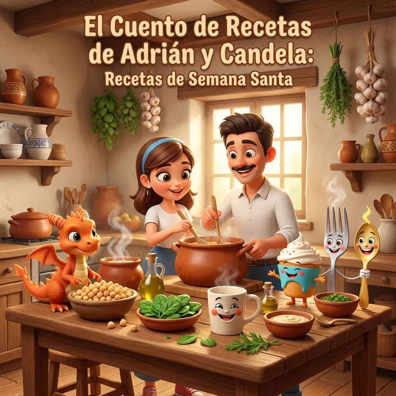 Candela y Adrián remueven un puchero de garbanzos junto a Flami el dragón en una cocina de pueblo