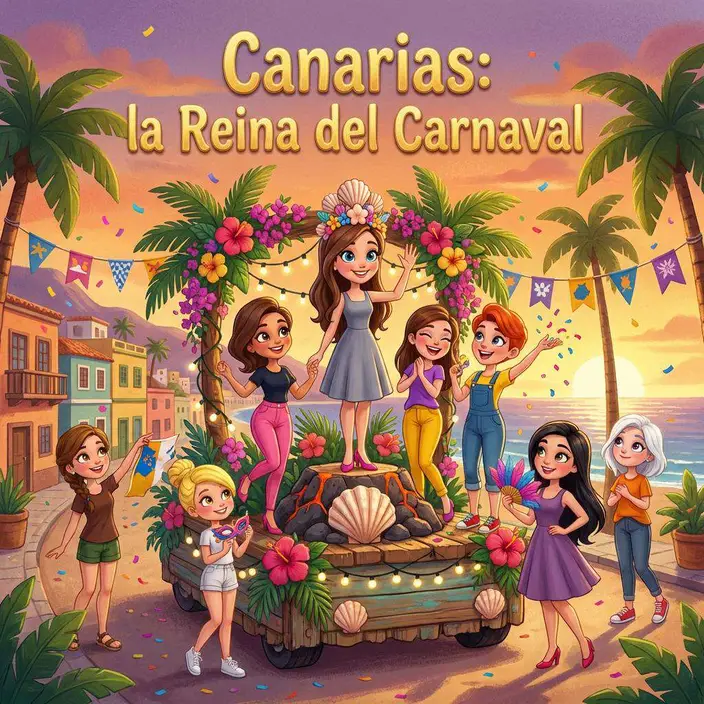 Ocho candidatas a Reina del Carnaval posan con sus fantasías de plumas y lentejuelas en una calle de Santa Cruz engalanada