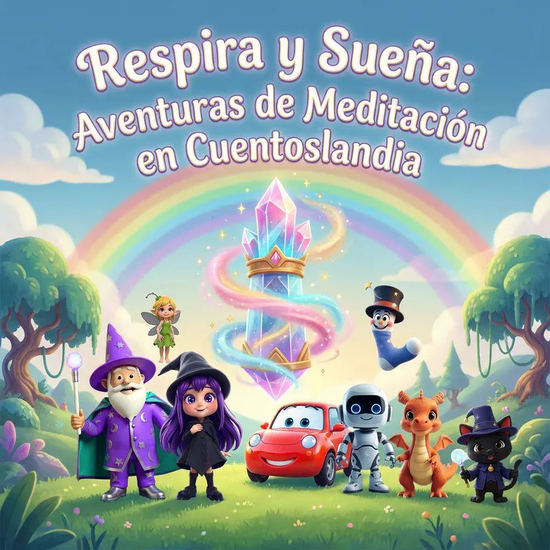 El mago, la brujita, un coche rojo, un robot, un dragón y un gato posan juntos bajo un arcoíris y un cristal brillante