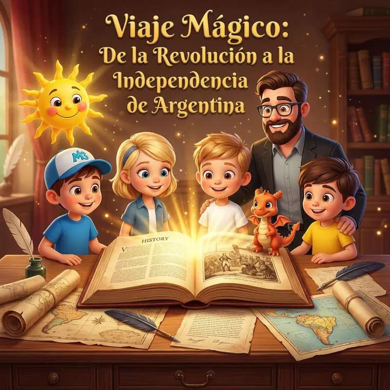 Cuatro niños y su profesor rodean un libro antiguo abierto sobre un escritorio, con un sol sonriente y un dragoncito flotando encima