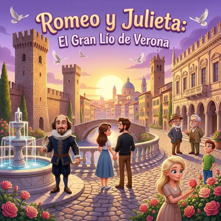 Shakespeare junto a Romeo y Julieta ante una fuente de Verona, con las dos familias al fondo y palomas sobre las torres