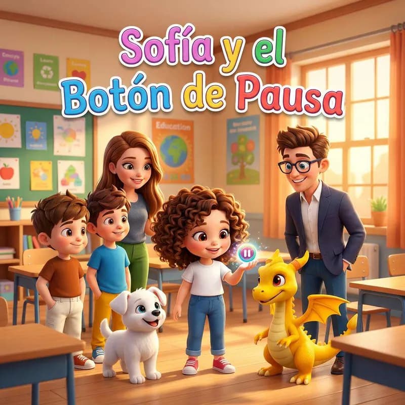 Sofía en su clase sosteniendo un botón de pausa brillante, acompañada de su perro y su dragón