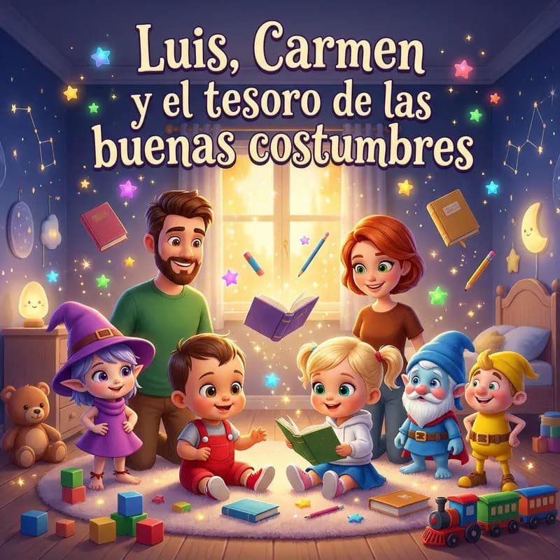 Dos hermanos ordenan su habitación acompañados de un mago azul, una brujita morada y un enano amarillo