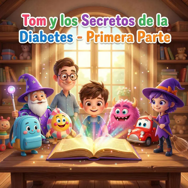 Un niño y su abuelo rodeados de un mago, una bruja, un caramelo con cara, una mochila azul y un cochecito rojo alrededor de un libro luminoso