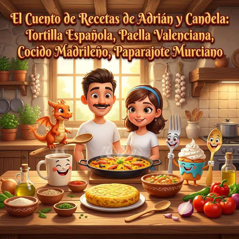 Adrián y Candela ante una paella, una tortilla y un puchero, con los utensilios mágicos alrededor