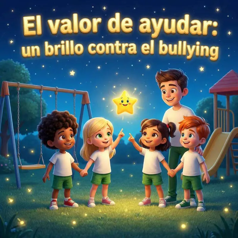 Elena en el patio del colegio con Astri, una pequeña estrella brillante, asomando en su bolsillo