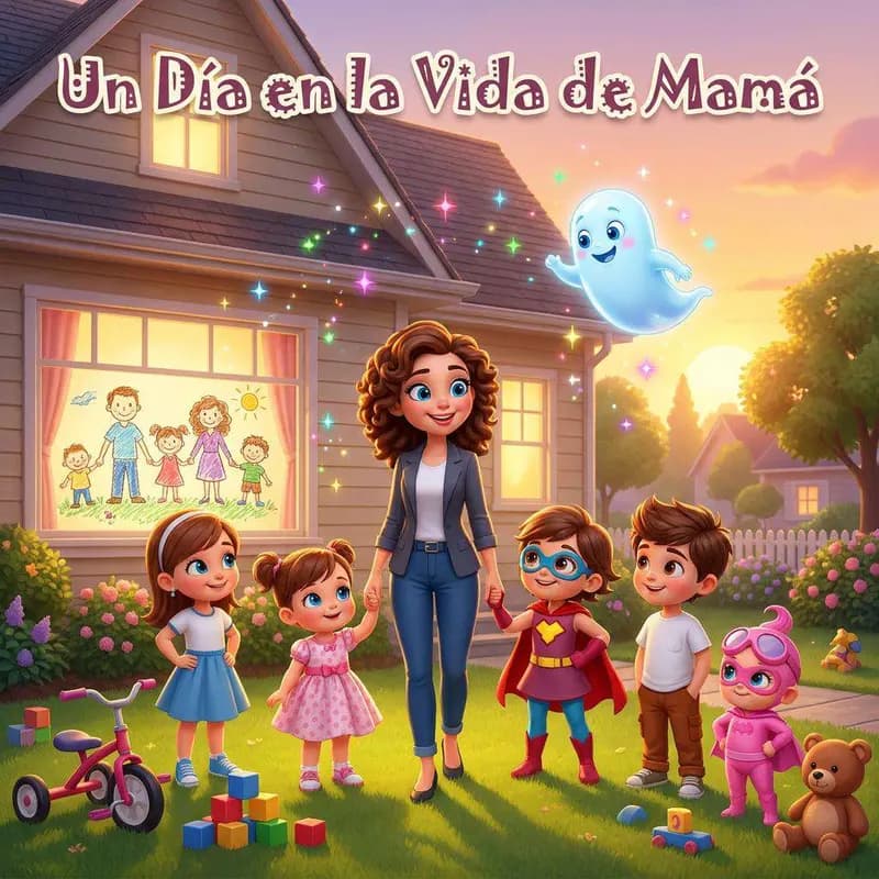 Una madre rodeada de sus cuatro hijos en el jardín de casa al atardecer, con un fantasma azul flotando sobre el tejado