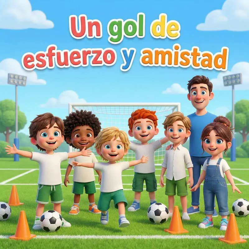 Mario y sus compañeros de equipo celebran en el campo de fútbol del colegio con su entrenador