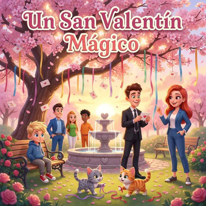 Una pareja se encuentra junto a una fuente en un parque de cerezos en flor, con cartas colgando de las ramas