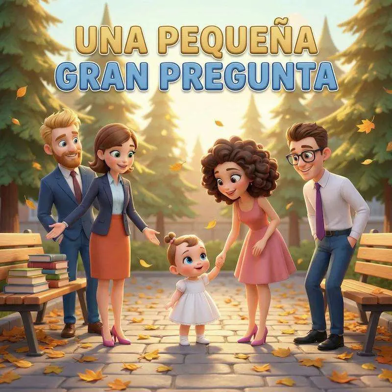 Dos parejas de amigos rodean a una niña pequeña en un parque cubierto de hojas de otoño