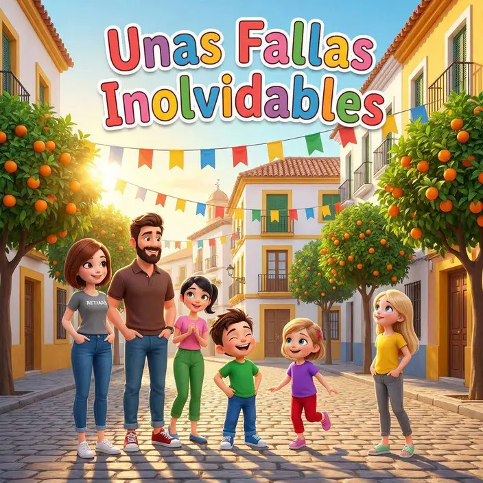 Una familia pasea por una calle valenciana engalanada con banderines y naranjos durante las Fallas