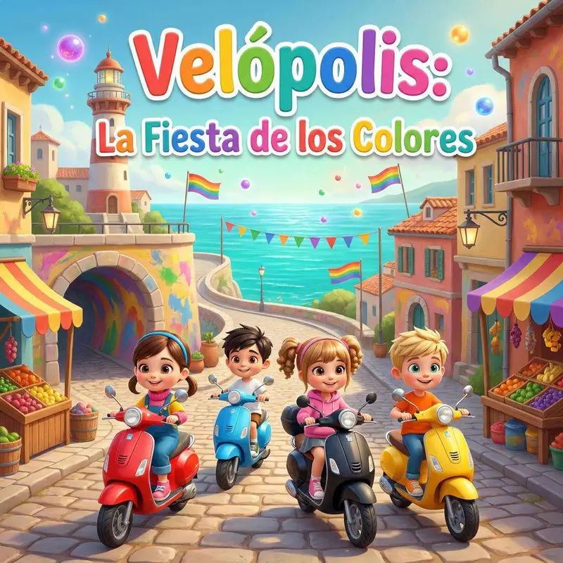 Cuatro niños montados en scooters de colores recorren una calle empedrada junto al mar, entre puestos de fruta y banderines