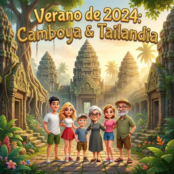 La pareja posa con sus familias ante un templo de piedra cubierto de raíces en la selva camboyana