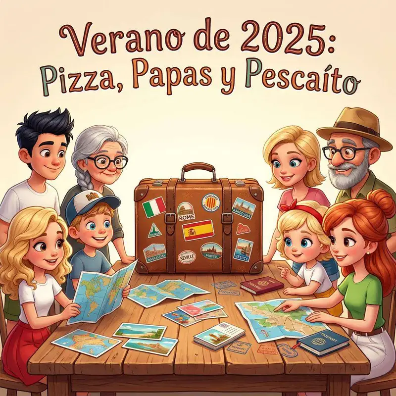 La familia rodea una mesa cubierta de mapas y postales, con una maleta llena de pegatinas de países en el centro