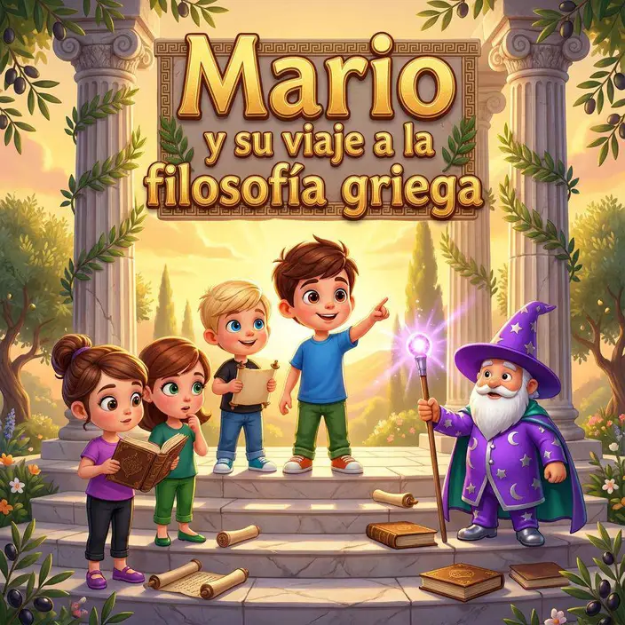 Cuatro niños con libros y papiros suben las escaleras de un templo griego junto a un mago de capa morada