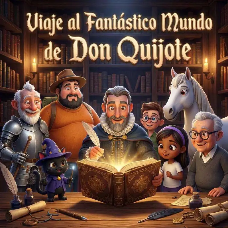 Cervantes escribe con pluma sobre un libro luminoso rodeado de Don Quijote, Sancho, Rocinante, dos niños y un abuelo en una biblioteca antigua