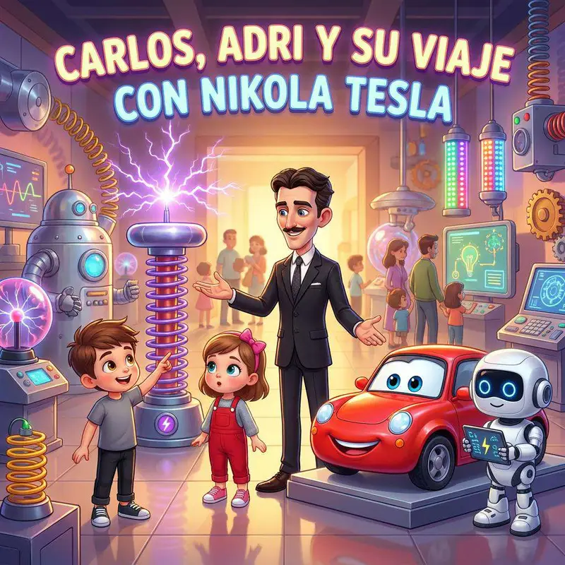 Carlos y Adri en una exposición de ciencia junto a Nikola Tesla, una bobina eléctrica, un coche rojo con cara y un robot plateado