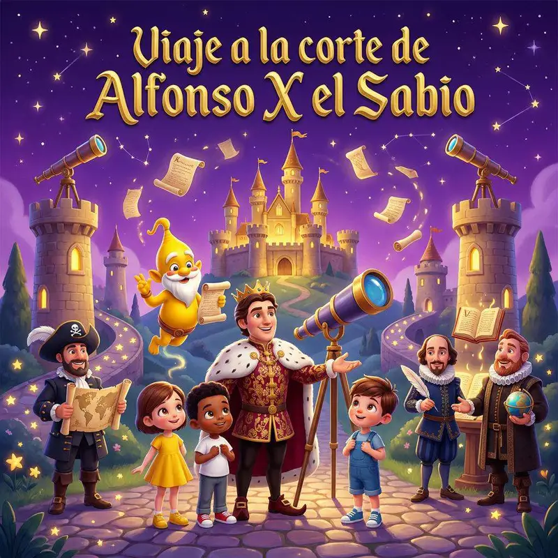 Alfonso X con su telescopio rodeado de tres niños, el genio Zafir y sus sabios ante un castillo dorado bajo un cielo de constelaciones