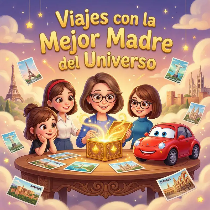 Una familia rodea una cajita dorada que brilla sobre una mesa, entre postales de París, Río de Janeiro, Granada, Burgos y Córdoba