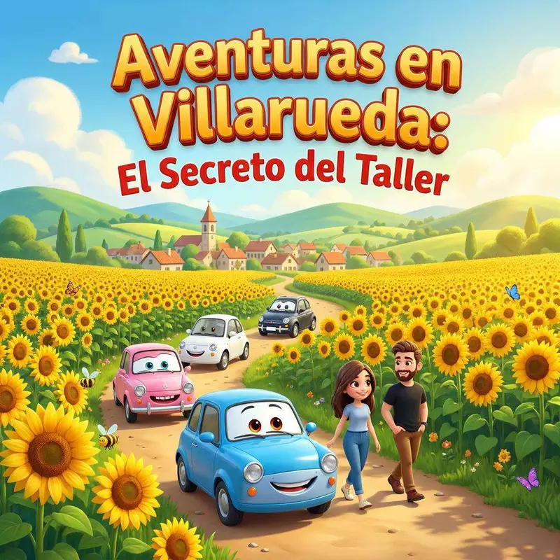 Los coches con cara de Villarueda recorren un camino entre girasoles junto a María y Antonio, con el pueblo al fondo