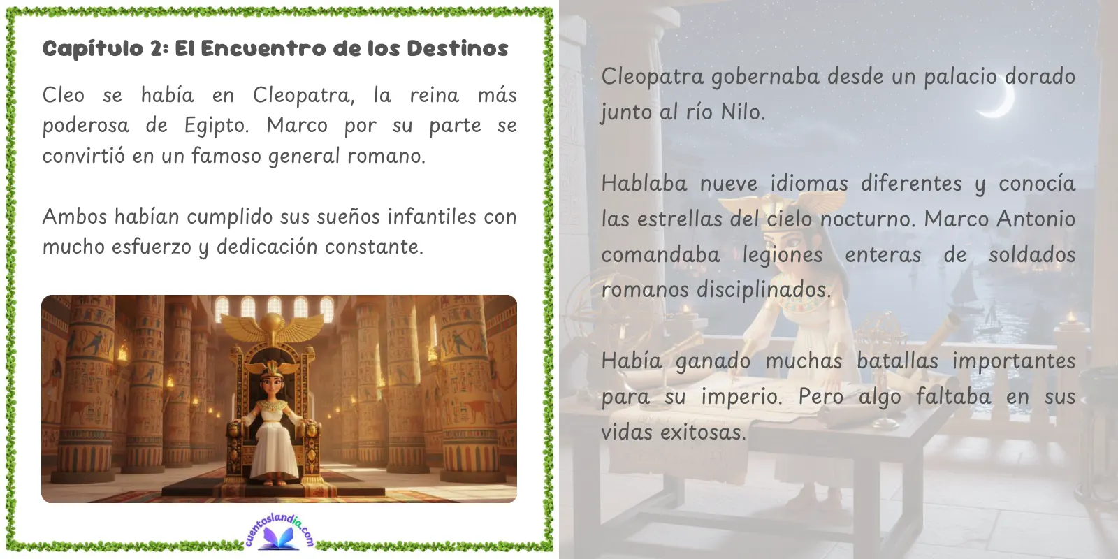 Doble página de «Historia con la Bruja Uva: Cleopatra y Marco Antonio»