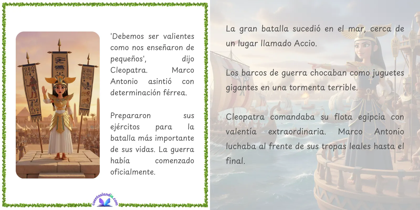 Doble página de «Historia con la Bruja Uva: Cleopatra y Marco Antonio»