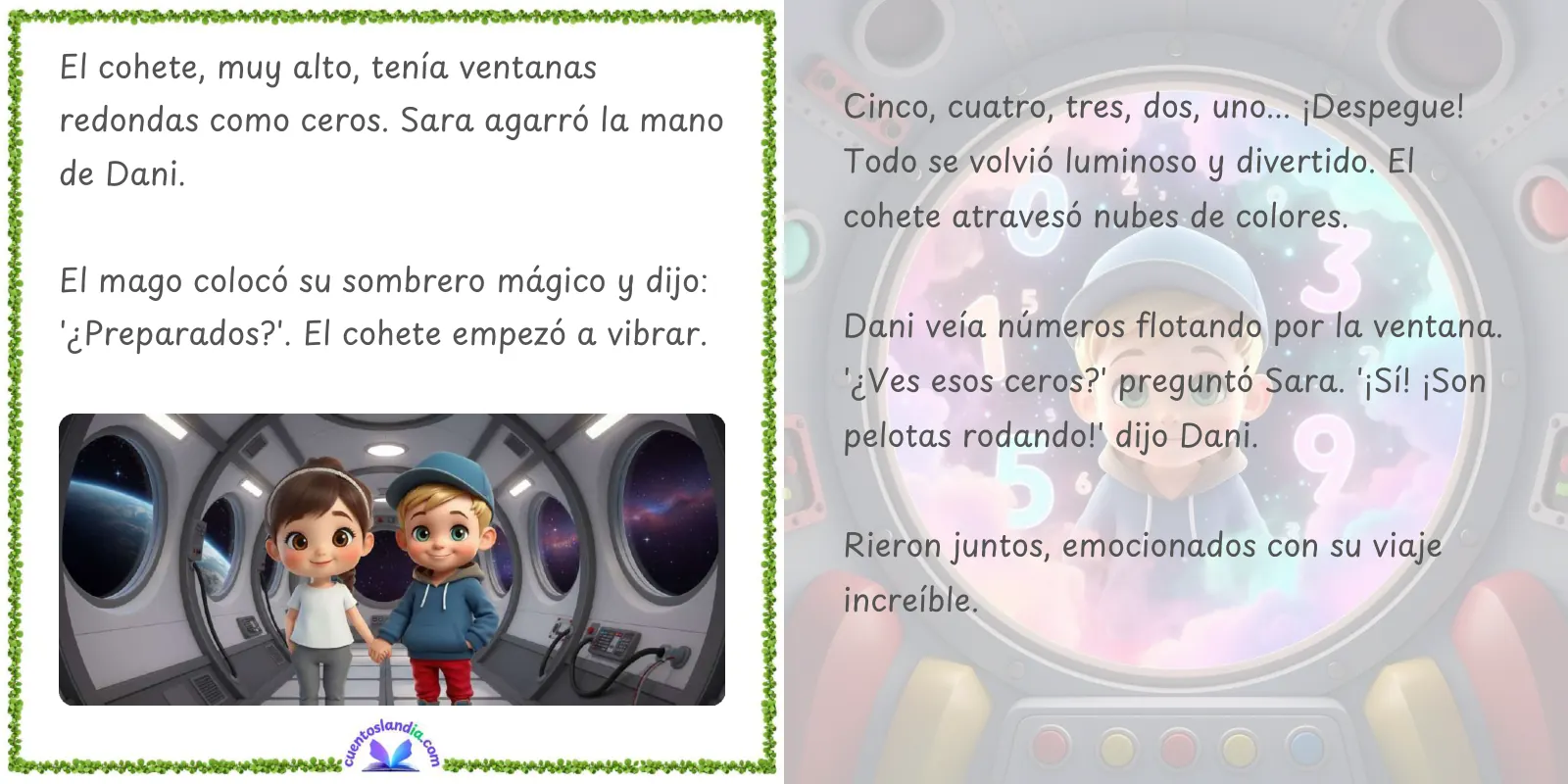 Doble página de «Viaje al Mundo de los Números: Dani y Sara en Numerolandia»