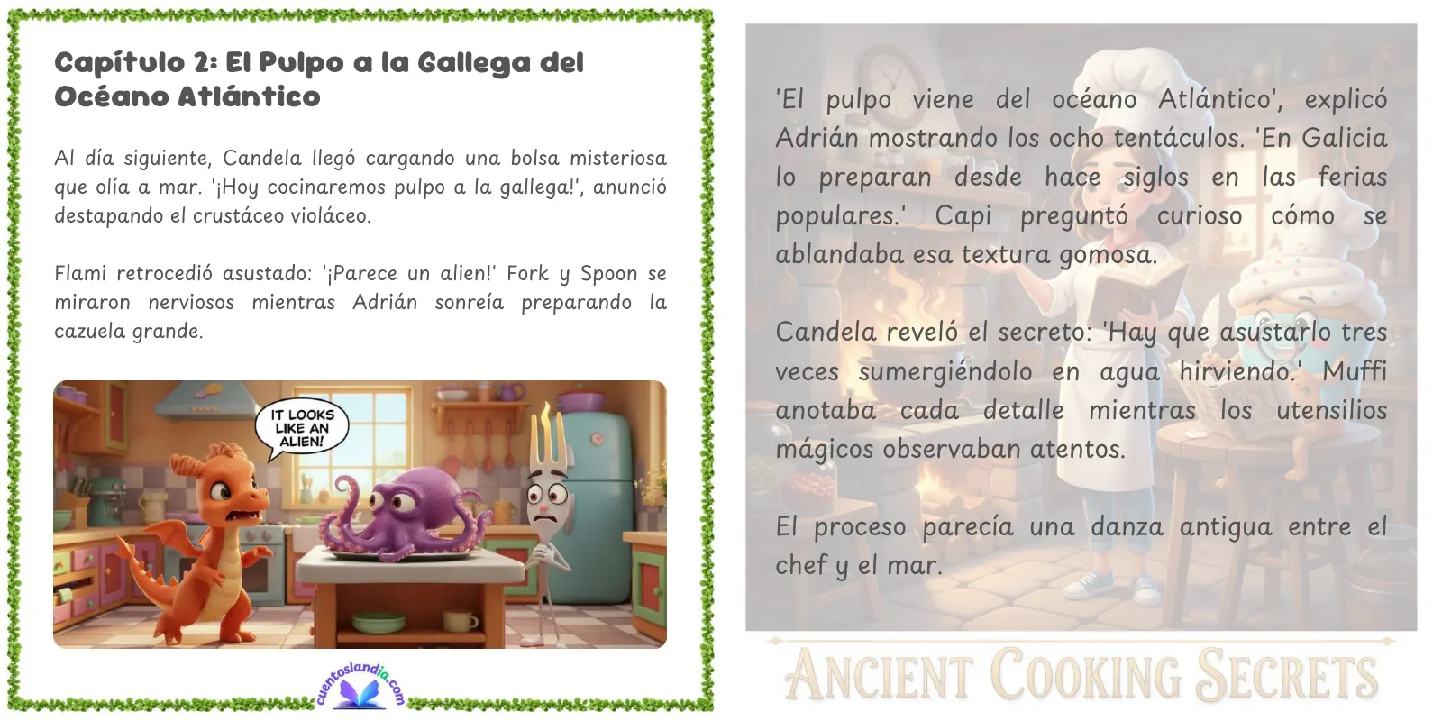Doble página de «El Cuento de Recetas de Adrián y Candela: Fabada, Pulpo, Croquetas y Tarta»