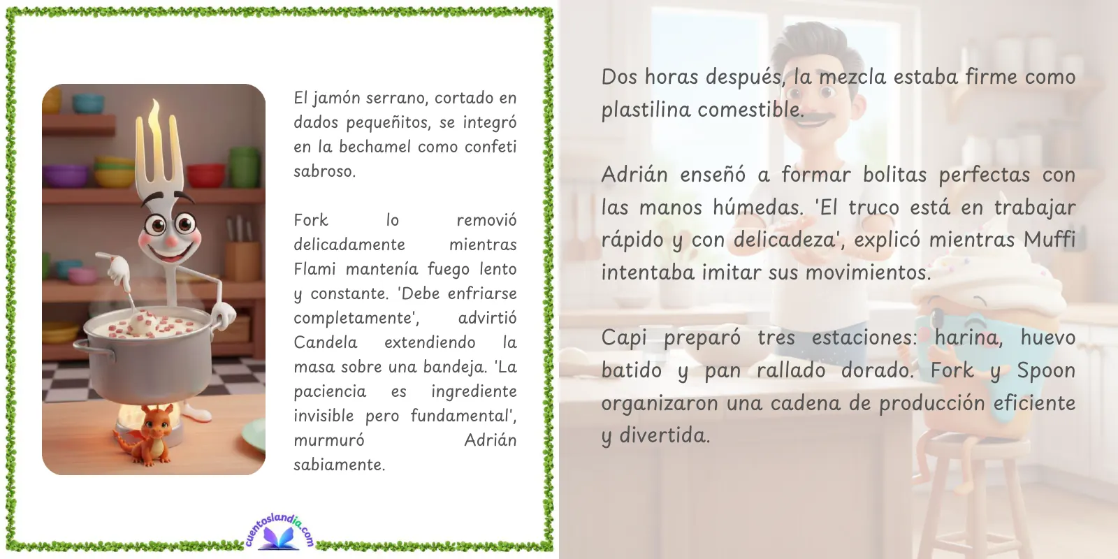 Doble página de «El Cuento de Recetas de Adrián y Candela: Fabada, Pulpo, Croquetas y Tarta»