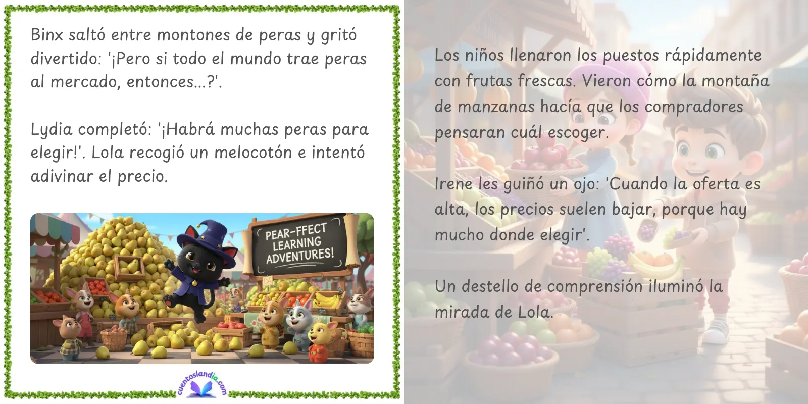Doble página de «Lola y el Mercado: La Ley de la Oferta y la Demanda»
