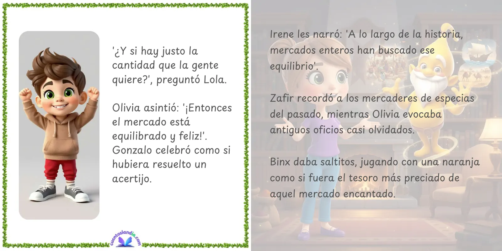 Doble página de «Lola y el Mercado: La Ley de la Oferta y la Demanda»