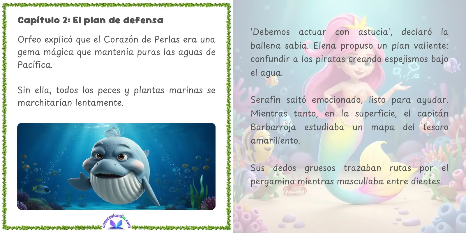 Doble página de «Las Aventuras de la Sirenita Elena y el Delfín Serafín: Piratas en Pacífica»